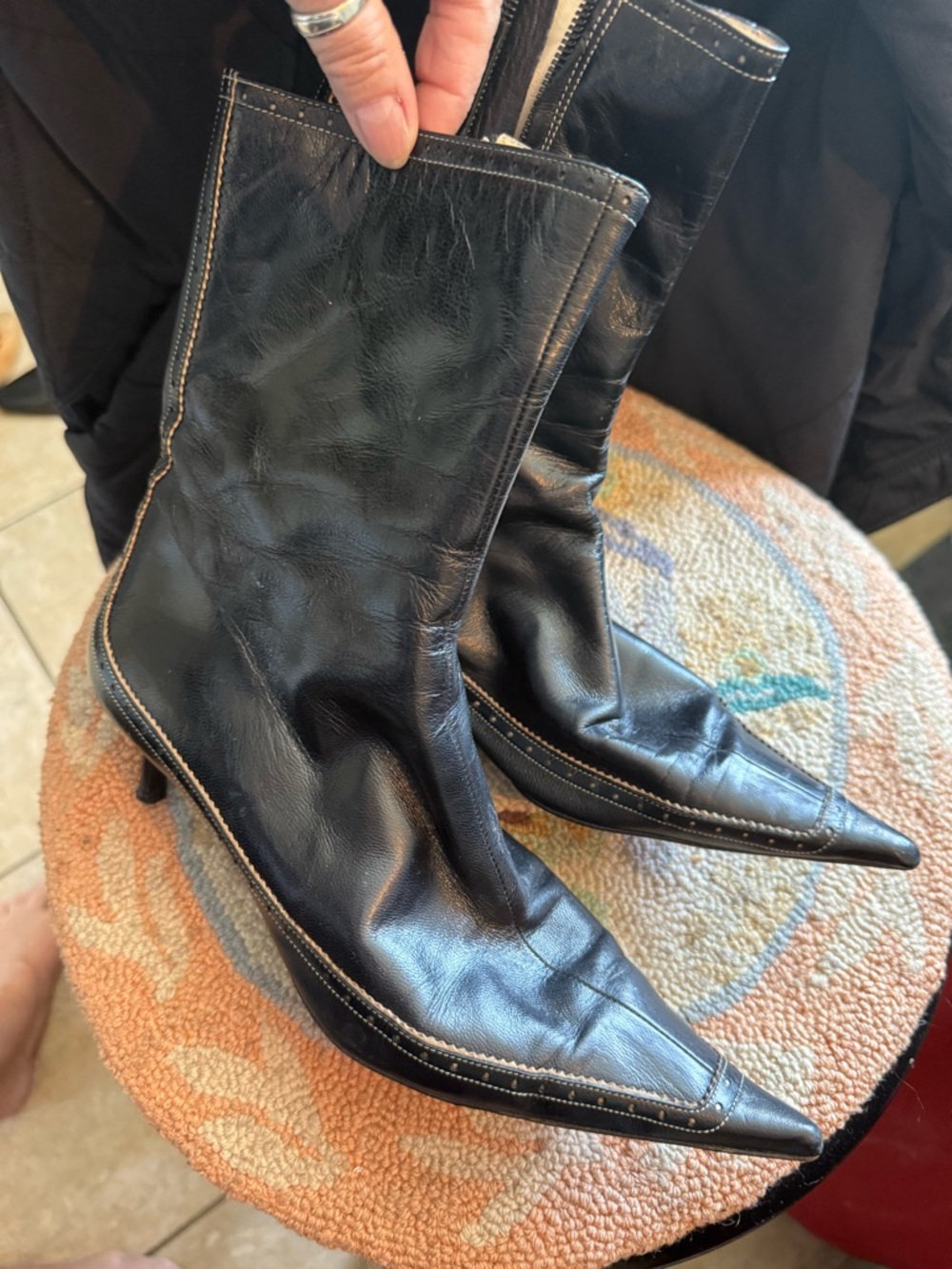 Pollini Black Pointed-Toe Mid-Calf Heeled Boots with Contrast Stitching